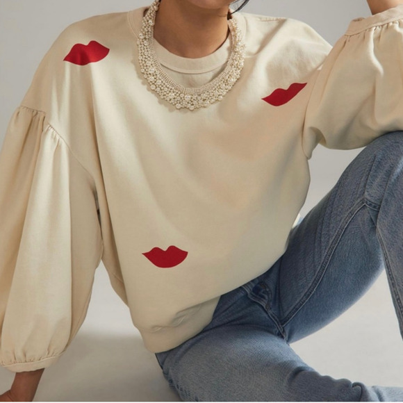 Clare V Tops - Clare V. Drop Shoulder Sweatshirt Cream With Poppy Lips Women's Size Medium